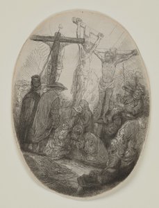 Kristus ristiinnaulittu kahden varkaan väliin: soikea levy, n. 1641 (etsaus ja kuivakärki) tekijältä Rembrandt van Rijn
