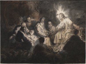 Kristus ja hänen opetuslapsensa Getsemanen puutarhassa, kirjoittanut Rembrandt van Rhijn (1606-1669). Kynä, sivellin, väri harmaa ja ruskea, akvarelli paperille, n. 1634. Mitat : 35,7x47,8 cm. Teylers-museo, Haarlem tekijältä Rembrandt Harmensz. van Rijn