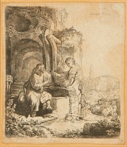 Kristus ja Samarian nainen, raunioiden keskellä (etsaus) tekijältä Rembrandt Harmensz. van Rijn