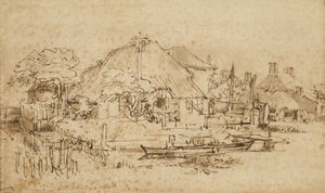 Mökki kanavan vieressä, n. 1650?-53 tekijältä Rembrandt van Rijn