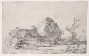 Mökki- ja maatilarakennukset, jossa mies luonnostelee, n. 1645 (etsaus) tekijältä Rembrandt van Rijn