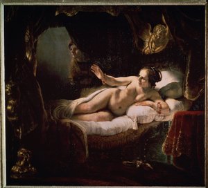 ""Danae"". Kreikkalainen mytologia: Zeus esittelee itsensä Danaelle kultakolikoiden sateen muodossa vietelläkseen hänet. Harmenszoon van Rijnin maalaus, joka tunnetaan nimellä Rembrandt (1606-1669)
