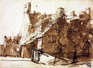 Maalaistalo auringonvalossa - Rembrandt van Rhijn (1606-1669) - 1635-1636 - Kynä, sivellin, ruskea väri paperilla - 16,4x22,3 cm - Szepmuveszeti Muzeum, Budapest tekijältä Rembrandt Harmensz. van Rijn