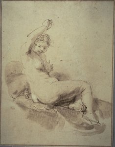 Nainen alaston makuuasentoon käsivarsi nostettuna, n. 1665 (kynä ja ruskea muste ja sivellin ja ruskea pesu, ruskeanruskealla paperilla)
