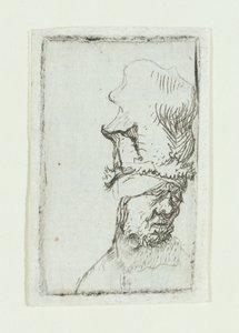 Miehen pää korkealla lippaalla (etsaus) tekijältä Rembrandt van Rijn