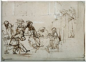 Harmensz Van Rijn Rembrandtin (1606-1669) piirustus Jeesus-lapsi lääkäreiden kanssa tekijältä Rembrandt van Rijn