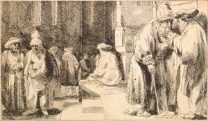 ""Juifs a la synagogue"" (Juutalaiset synagogassa) Rembrandt van Rhijnin (1606-1669) kaiverrus - 1648 Koko 7,6x13 cm Juutalaismuseo, New York tekijältä Rembrandt van Rijn