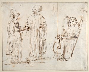 Laban tuo Lean Jaakobin luo, ja Jaakob peittää toisen piirustuksen katkelman; enkeli koiran kanssa makaamassa jalkojensa juuressa tekijältä Rembrandt Harmensz. van Rijn