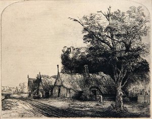 Maisema, jossa on kolme kota (etsaus) tekijältä Rembrandt Harmensz. van Rijn