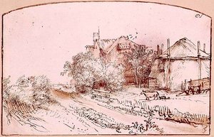 Maisema mökillä ja heinäparvella tekijältä Rembrandt Harmensz. van Rijn