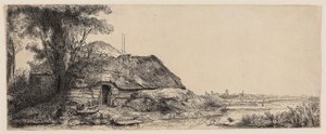 Maisema mökillä ja suurella puulla tekijältä Rembrandt Harmensz. van Rijn