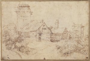 Maisema rakennuksia ja rakastajia syleilemässä Tizianin jälkeen (kynä ja ruskea muste punaisella liidulla paperilla) tekijältä Rembrandt Harmensz. van Rijn