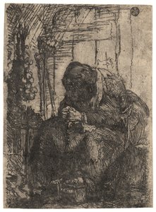 Vanha nainen istuu mökissä ja seinällä on sipulijono, n. 1629 (etsaus). tekijältä Rembrandt Harmensz. van Rijn