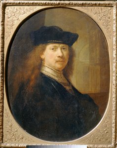 Rembrandt yllään kokin hattu arkkitehtonista taustaa vasten ... tekijältä Rembrandt Harmensz. van Rijn