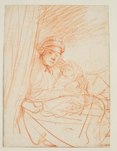 Saskia istuu sängyssä, lapsi kädessään, 1635 noin tekijältä Rembrandt van Rijn