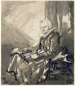 Istuva nainen, jolla on avoin kirja sylissään, n.1639 (kynä, ruskea muste ja ruskea tussi). tekijältä Rembrandt Harmensz. van Rijn