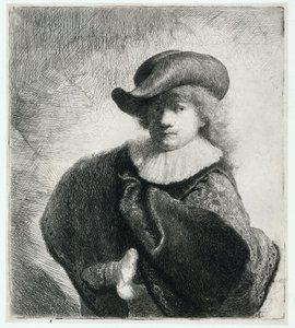 Omakuva pehmeässä hatussa ja kuviollisessa viitassa tekijältä Rembrandt Harmensz. van Rijn