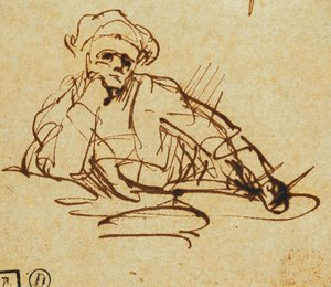 Opiskelu kirjailijasta, istuen, pysähtyen ajattelemaan, tekijältä Rembrandt van Rijn