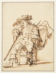 Tutkimus istuvasta näyttelijästä pöyhkeässä hatussa - Capitano Commedia dellistä"Arte, recto, 1636-c.1638 tekijältä Rembrandt van Rijn