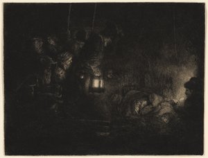The Adoration of the Shepherds: A Night Piece, n. 1657 (etsaus, kuivakärki ja hauta mustalla norsunluupaperille) tekijältä Rembrandt Harmensz. van Rijn