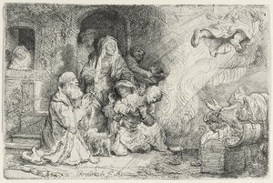 Enkeli lähtemässä Tobiaksen perheestä (kynä ja muste paperille) tekijältä Rembrandt van Rijn