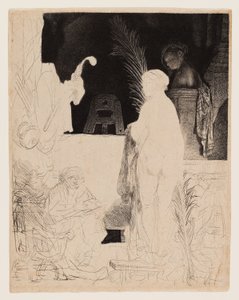 Taiteilijapiirros mallista, n. 1639 (etsaus ja kuivakärki kiillotetulla paperilla) tekijältä Rembrandt Harmensz. van Rijn