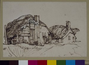 Kaksi olkikattoista mökkiä hahmoilla ikkunassa, n. 1640 (kynä ja muste paperille) tekijältä Rembrandt Harmensz. van Rijn