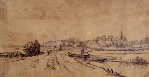 Näkymä Slotenista, n. 1650 (kynä ja muste ruskealla pesulla paperilla) tekijältä Rembrandt Harmensz. van Rijn