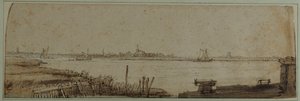 Näkymä IJ-joelle Diemerdijkistä, n. 1650 (kynä ja muste ruskealla pesulla ja valkoinen vartaloväri paperilla) tekijältä Rembrandt Harmensz. van Rijn