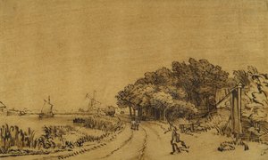 Näkymä Amstelille: Amsteldijkin tie, joka johtaa Trompenburgiin, n. 1649-1650 (kynä ja muste ruskealla pesulla ja valkoinen vartaloväri paperilla) tekijältä Rembrandt Harmensz. van Rijn