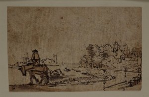 Näkymä Amstelille, hevonen hinaamassa proomua, n. 1650 (kynä ja muste ruskealla pesulla paperilla) tekijältä Rembrandt Harmensz. van Rijn