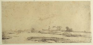Vesi, niityt ja maatila (kynä ja muste paperille) tekijältä Rembrandt Harmensz. van Rijn