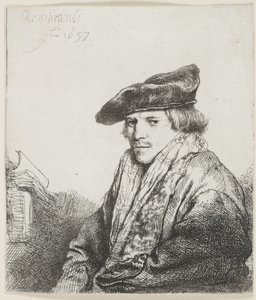 Nuori mies samettilakissa ja kirjoja vieressään tekijältä Rembrandt van Rijn