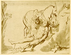 Laupias samarialainen tutkii haavoittuneita tekijältä Rembrandt van Rijn