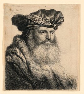 Parrakas mies, jolla on samettinen lippalakki jalokivilukolla tekijältä Rembrandt van Rijn