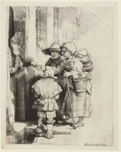 Sokea hurdy-gurdy-soittaja ja hänen perheensä saavat almuja tekijältä Rembrandt van Rijn