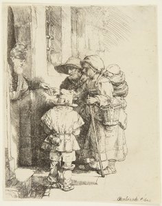 Sokea hurdy-gurdy-soittaja ja hänen perheensä saavat almuja tekijältä Rembrandt van Rijn