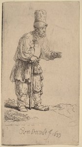 Korkealakinen talonpoika, joka seisoo keppiin nojautuen tekijältä Rembrandt van Rijn