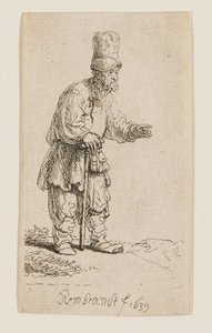 Korkealakkinen talonpoika seisomassa ja nojaamassa sauvaan tekijältä Rembrandt van Rijn