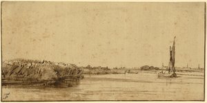 Purjevene laajalla vesialueella, n. 1650 (kynä ja ruskea muste ja ruskea pesuaine, sävytetyllä paperilla) tekijältä Rembrandt van Rijn