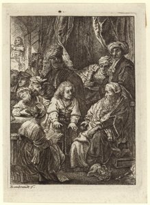 Ihmisjoukko kerääntyi istuvan vanhan miehen ympärille - tekijältä Rembrandt van Rijn
