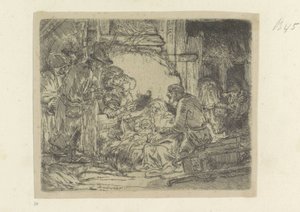 Aanbidding der herders: met de olielamp Kokoelma kahdeksankymmentäviisi alkuperäistä vedosta (sarjan nimi) tekijältä Rembrandt van Rijn