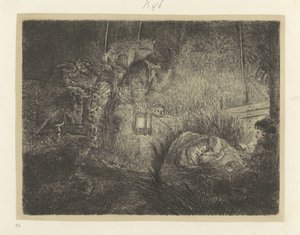 Aanbidding der herders: nachtstuk Kokoelma kahdeksankymmentäviisi alkuperäistä vedosta (sarjan nimi) tekijältä Rembrandt van Rijn