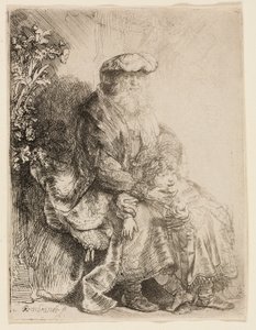 Abraham hyväilee Iisakia tekijältä Rembrandt van Rijn