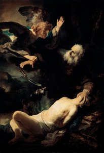 Abraham uhraa Iisakin, 1635. tekijältä Rembrandt van Rijn