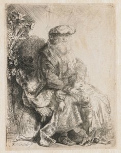 Abraham hyväilee Iisakia Jacob hyväilee Benjaminia tekijältä Rembrandt van Rijn