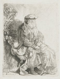 Abraham hyväilee Iisakia Jacob hyväilee Benjaminia tekijältä Rembrandt van Rijn