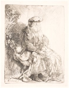 Abraham hyväilee Iisakia tekijältä Rembrandt van Rijn