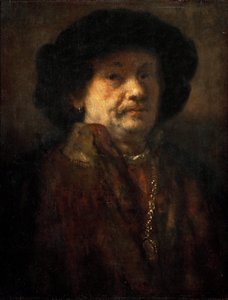 Rembrandt van Rhijnin (1606-1669) omakuva turkissa, kultaketjulla ja korvakorulla. öljy puulle tekijältä Rembrandt van Rijn