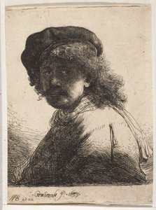 Omakuva beretillä ja huivilla tekijältä Rembrandt van Rijn
